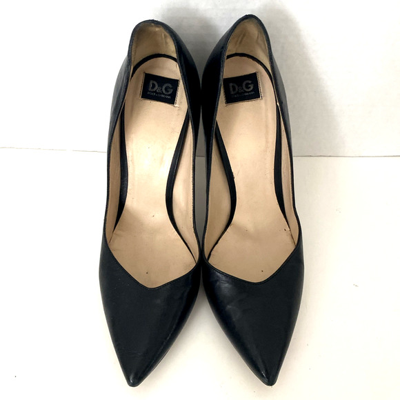 D&G Dolce & Gabanna Black Pump Point Toe Leather Gold Heel Slim 38 - Picture 4 of 9